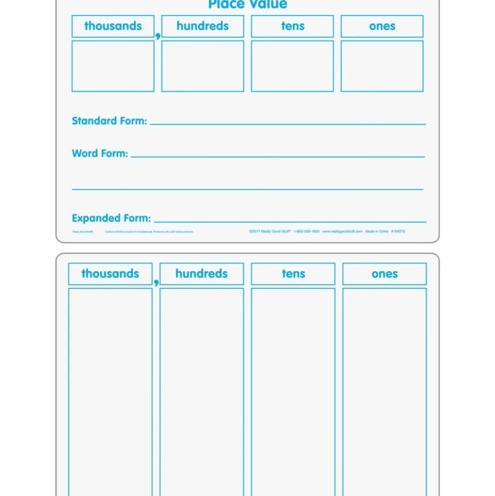 Basic Place Value Dry Erase Boards - 6 boards