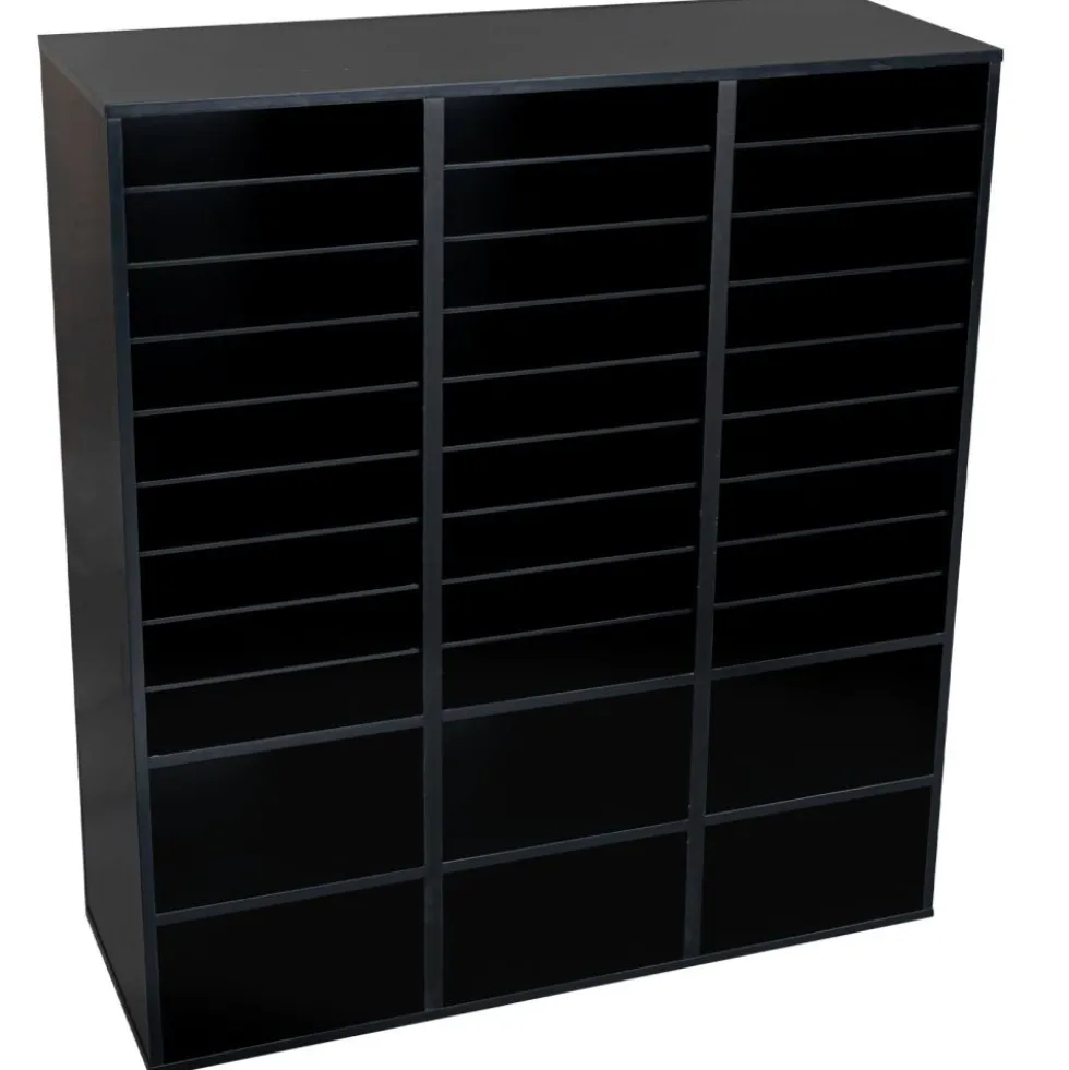 Black 27-Slot Mail And Supplies Center With 27 Trays, 6 Cubbies, And Baskets Grouping - 1 mail center, 27 trays, 6 baskets