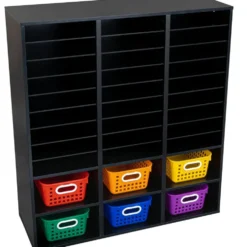 Black 27-Slot Mail And Supplies Center With 27 Trays, 6 Cubbies, And Baskets Grouping - 1 mail center, 27 trays, 6 baskets