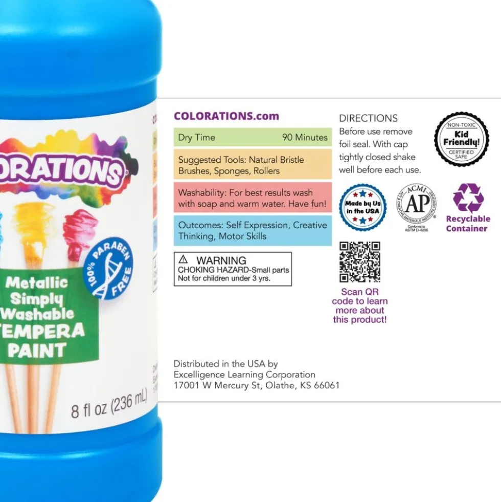 Colorations® Paraben-Free Metallic Simply Washable Tempera Paint- Set of 6, 8 oz. each