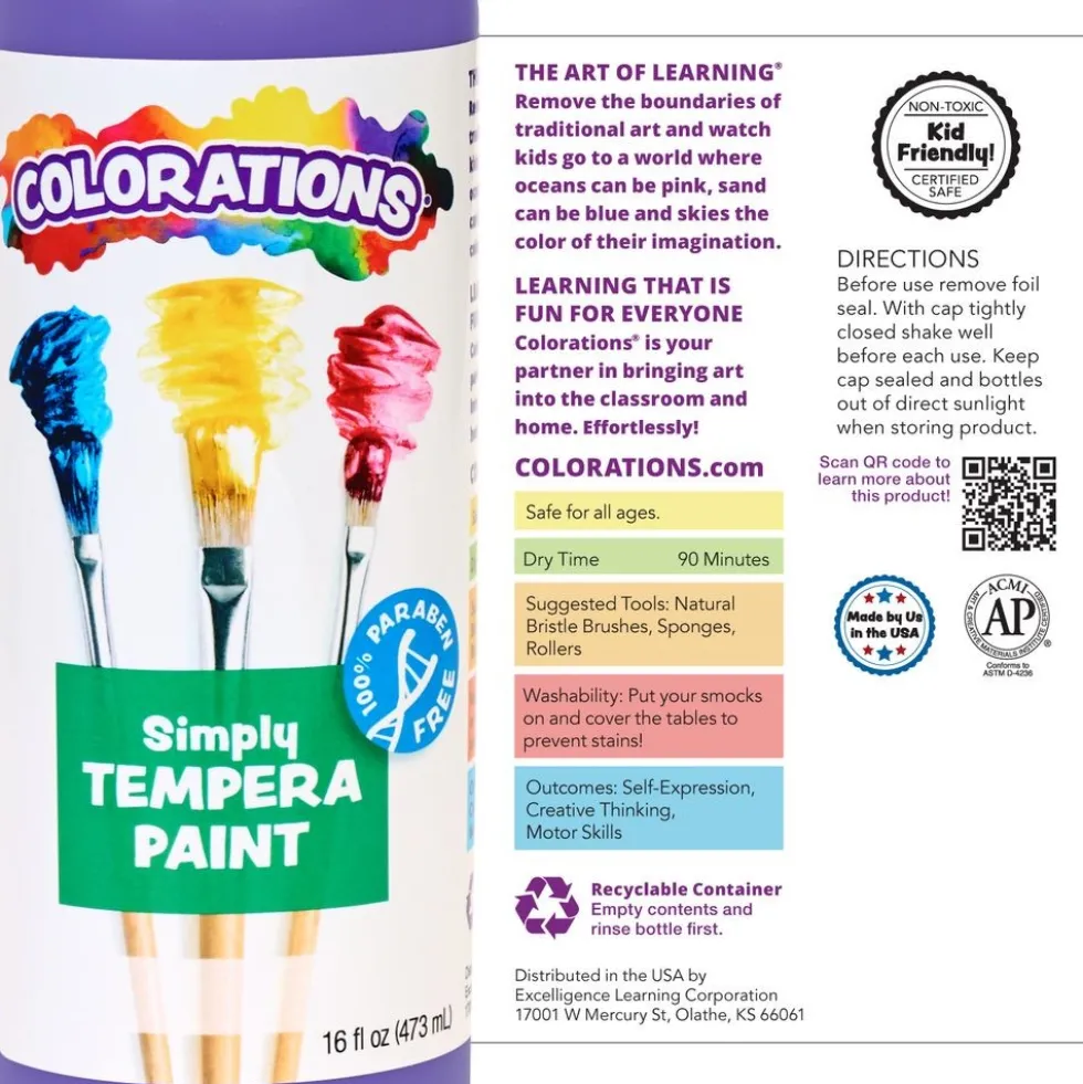 Colorations® Paraben-Free Simply Tempera Paint 16 oz. - Set of 6