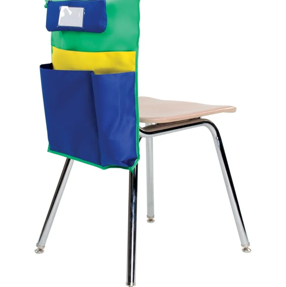 Deluxe Multi-Pocket Chair Pockets with Pencil Case and Water Bottle Holder - 6 Pack - Green/Blue
