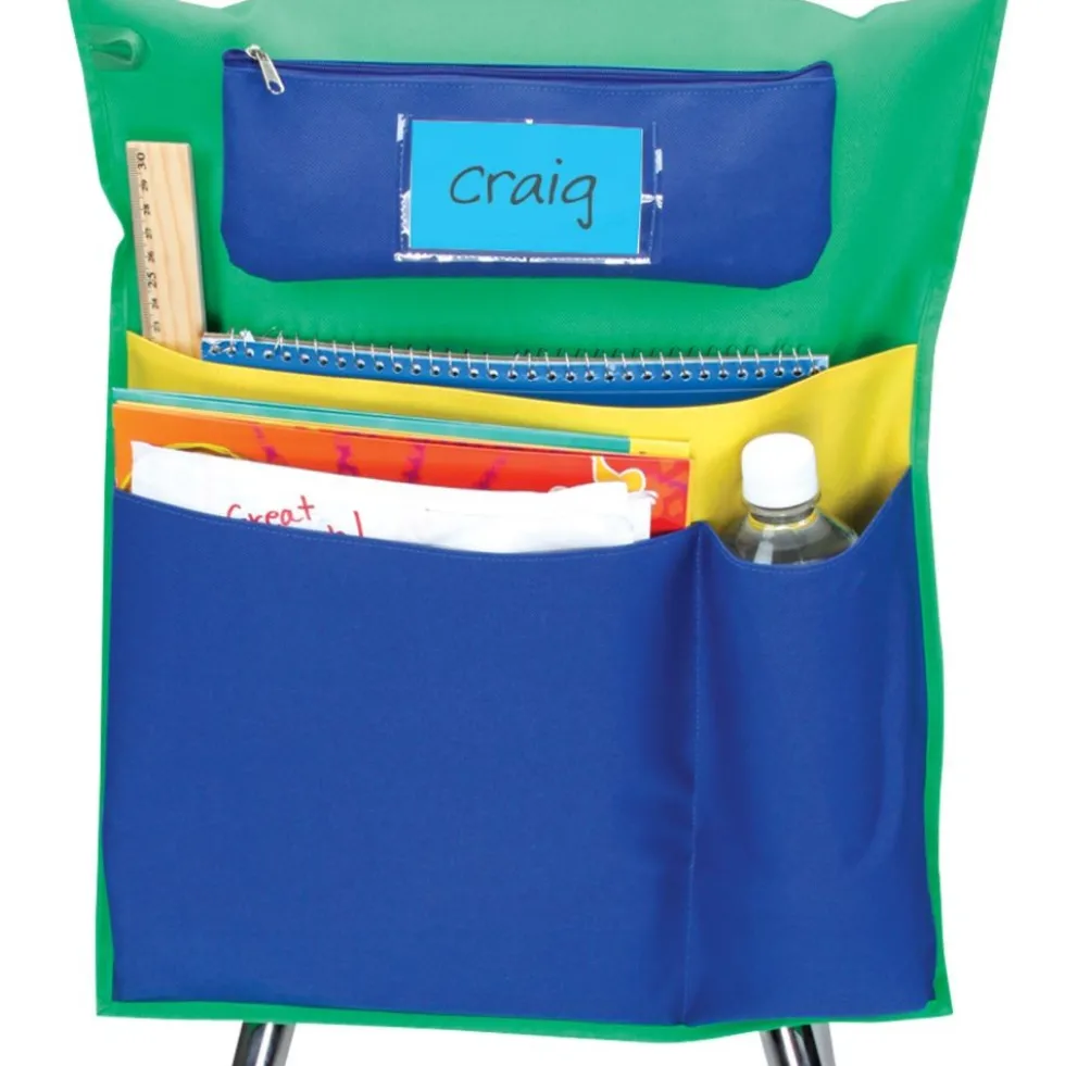 Deluxe Multi-Pocket Chair Pockets with Pencil Case and Water Bottle Holder - 6 Pack - Green/Blue