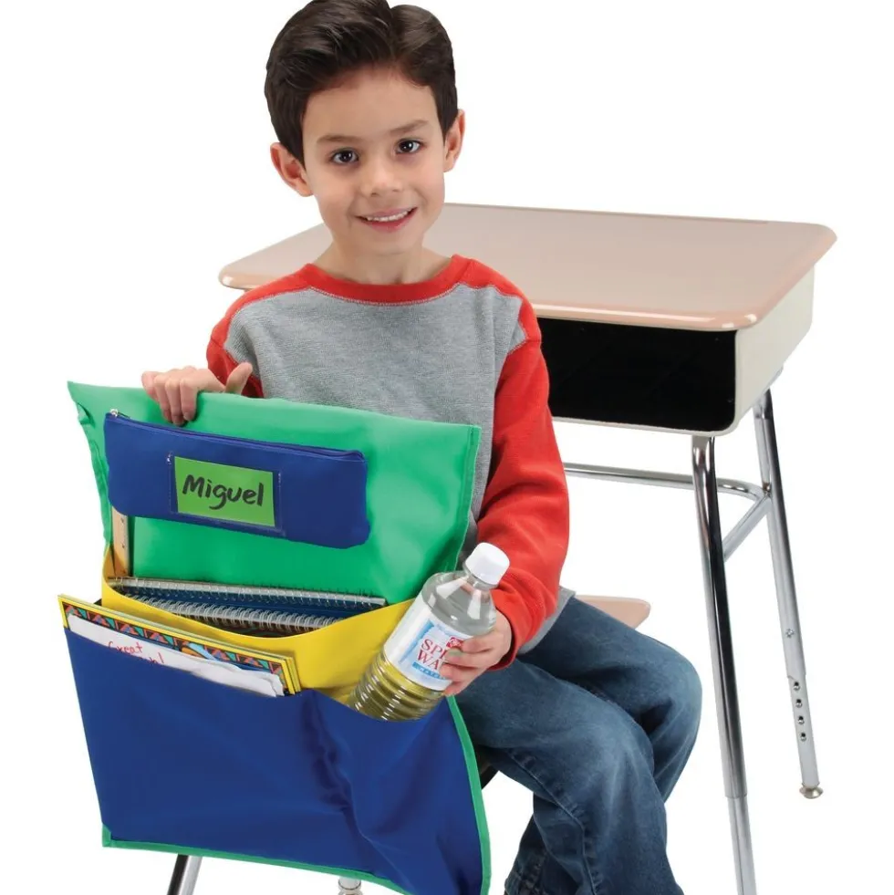 Deluxe Multi-Pocket Chair Pockets with Pencil Case and Water Bottle Holder - 6 Pack - Green/Blue