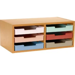 Really Good Stuff® Oak 6-Slot Mail Center With Trays Boho Colors - 1 mail center, 6 trays