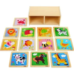 Wooden Mini Flat Puzzle - 12 Piece Set with Storage Shelf